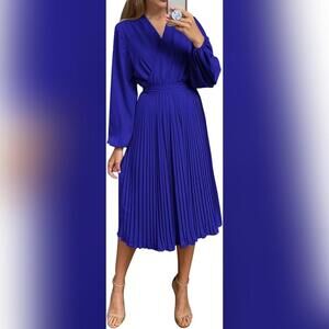 NWT PRETTYGARDEN Long Puff Sleeve V Neck Flowy Pleated Dress, XL (16-18)